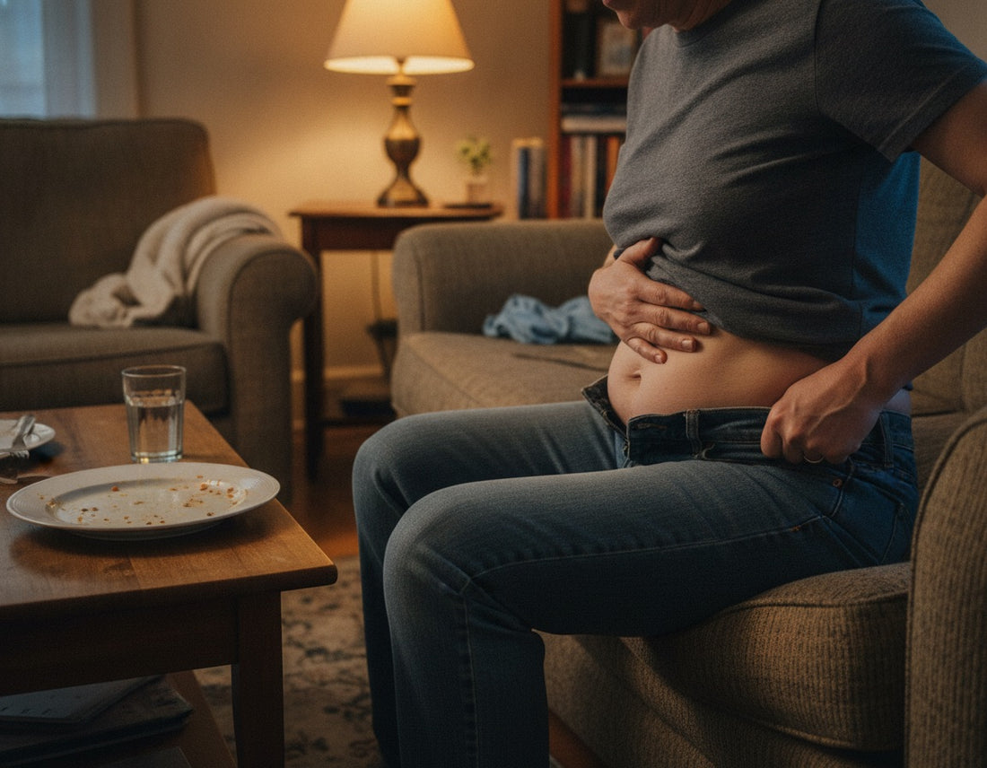 Someone on the couch after dinner, jeans unbuttoned, hand on a bloated stomach