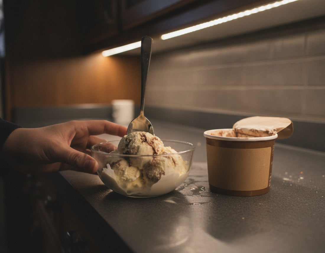 A hand pushing away a bowl of ice cream on a dark kitchen counter