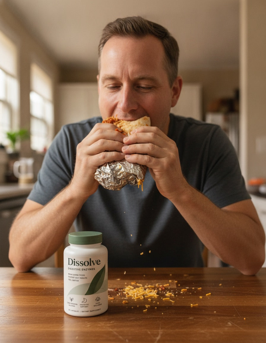A man takes a big bite of a burrito, with a bottle of Dissolve on the table in front of him